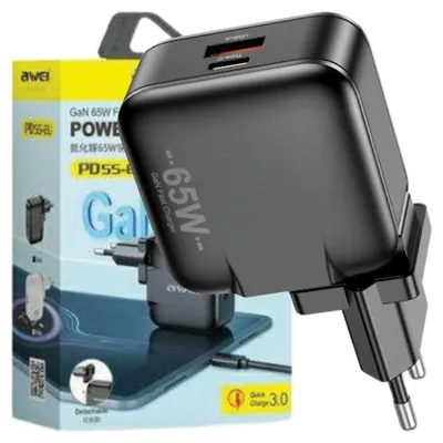 Productafbeelding van Awei Pěkné. Netadapter. Pd55-Eu 65W USB + USB-C, zwart/zwart, GaN