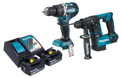 Zdjęcie produktu dla Akumulatorowy zestaw kombi Makita DLX 2278 RT + wiertarka udarowa DHP 484 54 Nm + wiertarka udarowa DHR 171 1,2 J + 2x akumulator 5,0 Ah + ładowarka