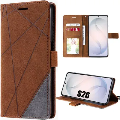 Image de Coque pour Samsung Galaxy S26, Protection Rabat Anti-Rayures Antichoc Synthécuir Bicolore Marron Gris