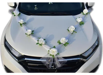 Produktbild von Autoschmuck Hochzeit mit Rosen und Gaze Weiß 2 Bänder 9 Blumen
