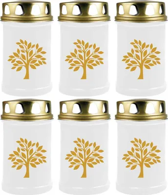 Produktbild von Grabkerze Weiß 6er Pack ( Druck Gold ), 48 Stunden/Kerze, Motiv: Baum