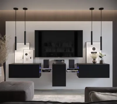 Produktbild von Furnitech Wohnwand Wohnzimmer - Hängend Wohnwand Modern - Regale und TV Schrank - Wohnzimmer Möbel ohne LED (AN98-21B-M4-1A)