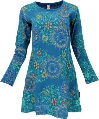 Produktbild von Besticktes Boho Chic Minikleid, Tunika mit Farbenfrohen Blüten - Petrol, Damen, Blau, Baumwolle, Größe: L