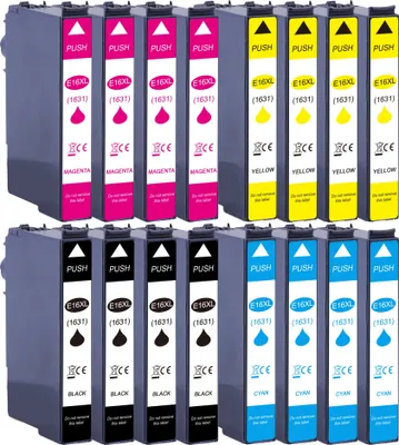 A collection of printer ink cartridges arranged in two rows.