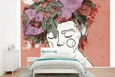 Produktbild von MuchoWow® Fototapete für Wohnzimmer oder Schlafzimmer Wandtapete Vinyl Motivtapete Porträt - Frau - Blumen - Pastell - 600x400 cm - Vinyltapeten