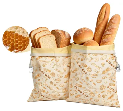 Produktbild von 2er Set Bienenwachs Brotsack mit Standboden, Reißverschluss und Klickverschluss für frisches Brot