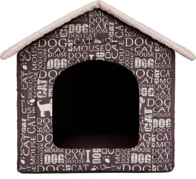 A dog house with a text print of dog and cat related words.