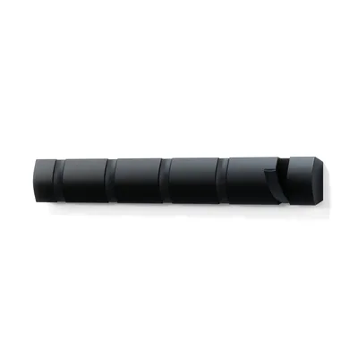 A black coat rack with five hooks is shown against a white background.