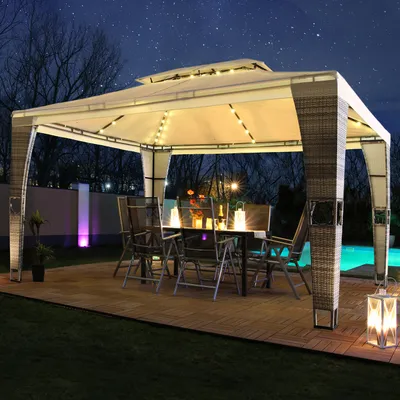 Produktbild von LED - Rattan Pavillon 3x4m Royal mit Solar Beleuchtung Garten Pavilion Polyrattan Designer Pavilon - grau/creme