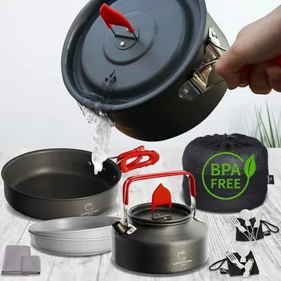 Produktbild von Famanu Campingkochgeschirr Set - Outdoor Kochgeschirr mit Abgießfunktion