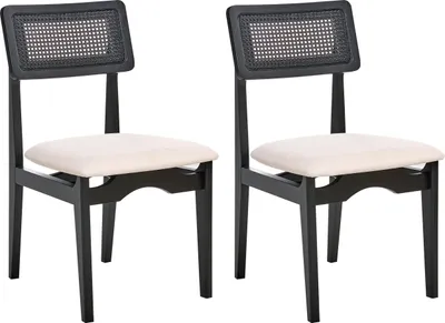 Produktbild von BELIANI Esszimmerstühle 2er Set Schwarz / Hellbeige Gummibaumholz Wiener Geflecht Stoffsitze Ohne Armlehnen Retro Stil Esszimmer Holzstühle