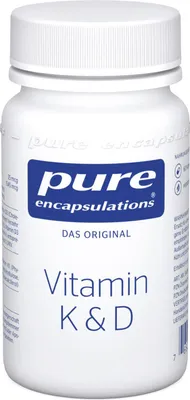 A white bottle of Pure Encapsulations Vitamin K & D capsules against a white background.