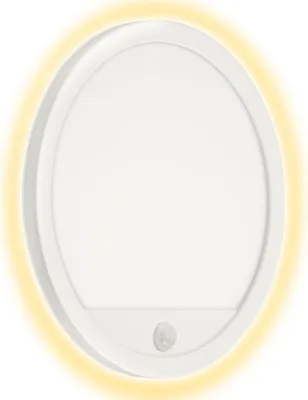 A white, circular LED outdoor wall light with a motion sensor at the bottom, set against a white background with a yellow glow around it.