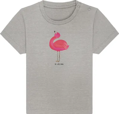 Produktbild von Mr. & Mrs. Panda  T-Shirt Flamingo Stolz 6. - 12. Monat - Heather Grey - Geschenk, Organic Baby Shirt, Tochter, Babyshirt, Beste Freundin, Baumwollshirt, Rosa, Mama