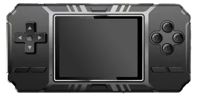 A black handheld gaming console with a screen and buttons.