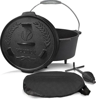 Immagine prodotto di Set di pentole in ghisa forgiata da 4,25 litri, per il campeggio, l'uso in giardino e il barbecue, con piedini, coperchio, supporto per coperchio e borsa per il trasporto