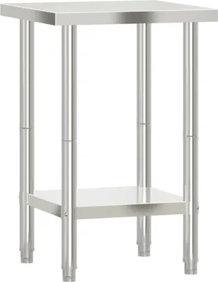 A stainless steel work table with a shelf.