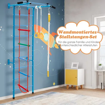 Produktbild von GOPLUS 5-in-1-Klettergerüst Sprossenwand, Wandmontiertes Stallstangen-Set mit Strickleiter, Klimmzugstange, Wandleiter, Seil & Turnringe, für Kinder ab 3 Jahren & Erwachsene bis 100kg