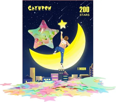Productafbeelding van Plafondsticker Sterren - 200 Stuks - Glow in the Dark Stickers - Lichtgevend - 4 Kleuren