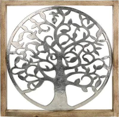 Produktbild von Gilde Wandrelief, quadratisch, "Lebensbaum", Lebensbaummotiv, Aluminium, Mangoholz, naturfarben, silberfarben, VE 1, L. 3.5 cm, B. 60 cm, H. 60 cm 46866 4063387468661