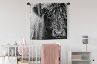 Produktbild von MuchoWow® Wandteppich Wandbehang Schottisches Hochlandrind - Porträt - Schwarz - Weiß 90x90 cm Tapisserie Dekoration Wandtuch - Wandaufhänger
