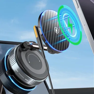 Image de Support de téléphone pour voiture à ventouse, avec fonction de charge sans fil de 15W, rotatif à 360°, magnétique, compatible avec iPhone 12 à 17