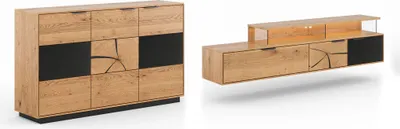 Produktbild von Wohnwand Tirano Wohnzimmer-Set Massivholz geölt Ausführung wählbar,Kommode, Lowboard,Eiche Natur / Absetzung schwarz / Hirnholz