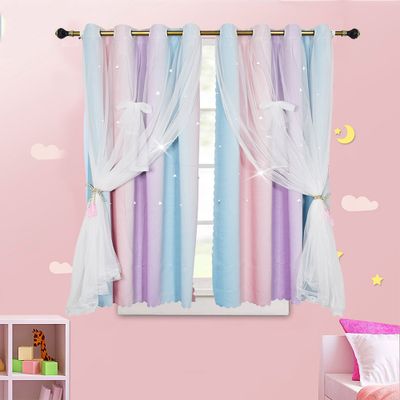 Gardinen Mit Ösen 2er Set Vorhänge Schlafzimmer Kinderzimmer Mädchen Verdunkelung Blickdicht Vorhang mit Hohlen Stern & Voile, 1.3*1.6M, Blau+Lila