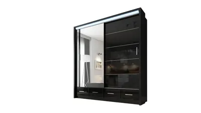 Produktbild von Schwarz Schiebeschrank mit Spiegel und LED-Beleuchtung SYCYLIA 203,5 cm