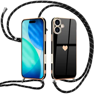 Image de Coque pour iPhone 17, Protection Silicone Slim Antichoc Motif Cœur avec Bandoulière Noire