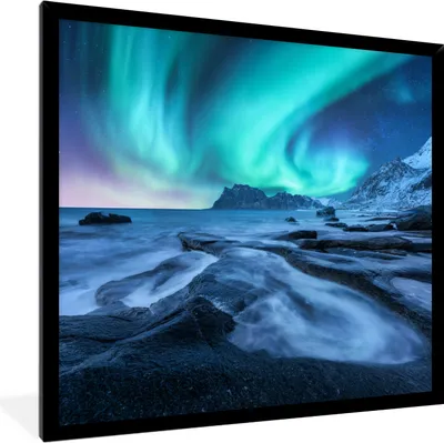 Produktbild von MuchoWow® MuchoWow® Gerahmtes Poster Nordlichter - Schnee - Berg - Norwegen 40x40 cm - Poster mit zchwarzem Bilderrahmen - Mit Rahmen - Wanddekoration Schlafzimmer