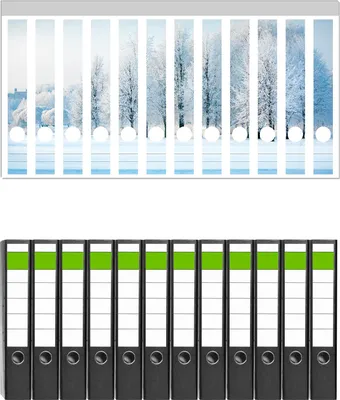 Produktbild von Wallario 12 Stück schmale Ordner inkl. Klebeetiketten mit Motive Verschneite Bäume in einer Winterlandschaft -  Set mit Rückenschildern / Ordnerrücken Stickern