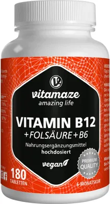 Produktbild von Vitamin B12 1000 μg hochdos.+B9+B6 vegan Tabletten 180 St