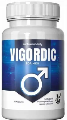 A product shot of a bottle of Vigordic dietary supplement for men.