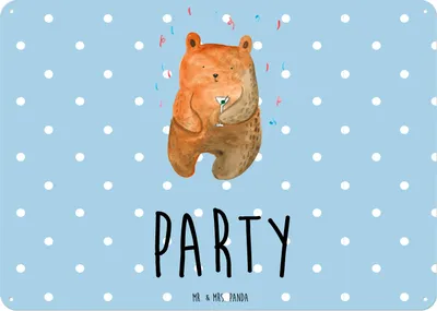 Produktbild von Mr. & Mrs. Panda Schild Bär Party DIN A6 - Blau Pastell - Geschenk, Türschild, Gute Laune, Geburtstag, Teddy, Mitbringsel, Lustig, Blechtafel, Wandbild, Blechschild