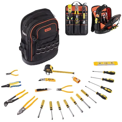 Produktbild von VEVOR Werkzeug-Rucksack, 56 Taschen, strapazierfähiger Werkzeugaufbewahrungsorganizer mit Laptopfach & geformtem Boden, Elektriker-Rucksack für Elektriker, Reparaturtechniker und HVAC-Techniker, Erhöhter Typ, Mit Werkzeugen