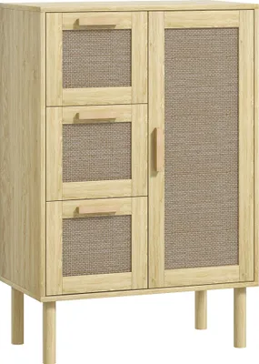 Image de HOMCOM Meuble salle de bain rangement avec tiroir et placard, meuble de rangement avec étagères réglables, porte à rotin, armoire pour salle de bain salon cuisine, style bohème, 55 x 30 x 82 cm, chêne