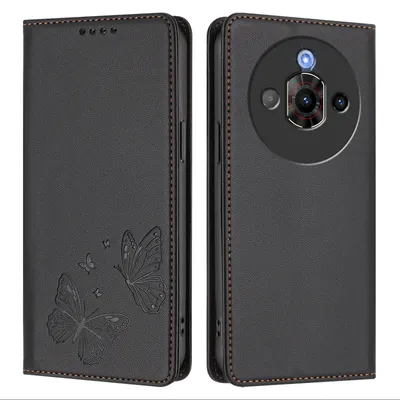Image de Étui en cuir pour ZTE Nubia Focus Pro 5G, motif papillon, étui à rabat avec porte-appareil, noir
