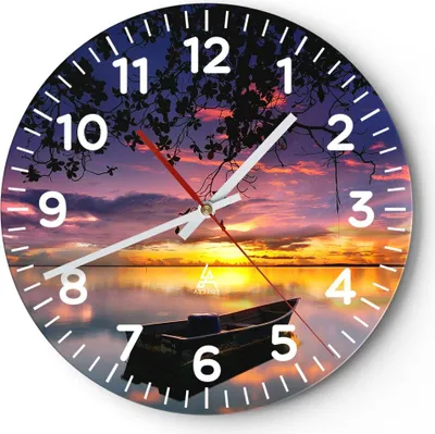 Produktbild von Wanduhr - Rund - Glasuhr - Boot Sonnenuntergang See Himmel - 30x30cm - Schleichendes Uhrwerk - Lautlos - zum Aufhängen bereit - Dekoration Modern - Wanddekoration aus Glas - C4AR30x30-2967