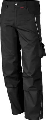 A pair of black work pants is shown against a white background.