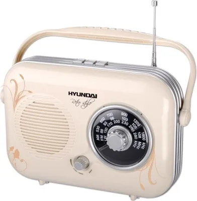 A retro-style Hyundai radio is shown against a white background.