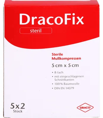Image de DracoFix Compresses de gaze stériles 8 plis 5 x 5 cm pour le soin des plaies, 10 compresses