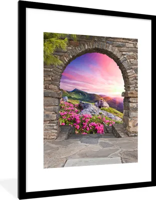 Produktbild von MuchoWow® Gerahmtes Poster Landschaft - Aussicht - Blumen - Berg 60x80 cm - Poster mit Schwarzem Bilderrahmen Wandposter Rahmen Foto Bilder - Wohnzimmer - Dekorationen - Prämie