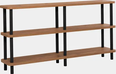 A three-tiered bookshelf with a wood-grain finish and black metal legs, presented against a plain light gray background.