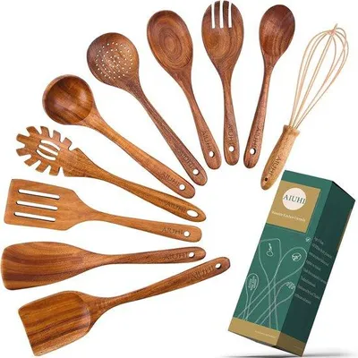 Productafbeelding van Famanu set van teak houten pollepels en spatels - 10-delig