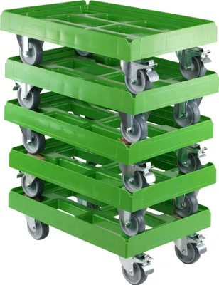 Produktbild von 5 Stück Transportroller 600 x 400 mm mit 2 Bock- und 2 Bremsrollen in Grün