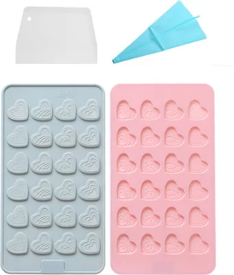 Produktbild von 2 Stück Schokoladen-Gummy-Formen Mit 24 Vertiefungen In Herzform, Antihaft-Silikon-Backformen Für Die Herstellung Von Eiswürfeln, Gelee, Zum Formen Von Bonbons, Mit Spritzbeutel Und Schaber