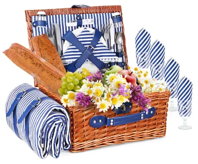 Image de Panier de pique-nique en osier pour 4 personnes avec couverture et couverts
