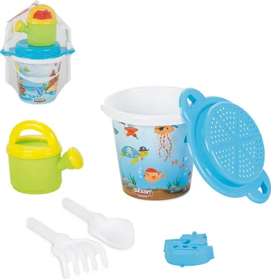 Produktbild von Pilsan Sandeimer-Set 06113, Gießkanne, Schaufel, Rechen, Förmchen, Sieb bunt