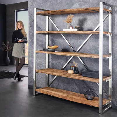Produktbild von riess-ambiente Massivholz Regal BARRACUDA 185cm braun Teakholz silber Edelstahl verchromt Bücherregal Wandregal